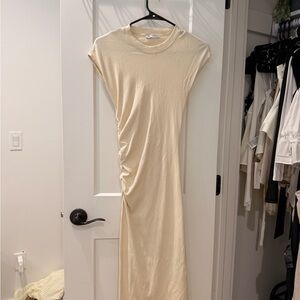 Zara Cream Cap-Sleeve Ruched Maxi Dress
